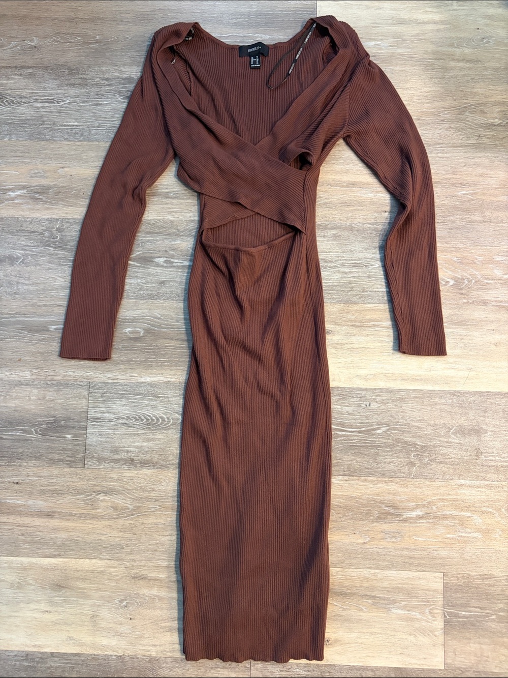 H&M Rust Wrap-Front Ribbed cutout Long Sleeve Midi Dress